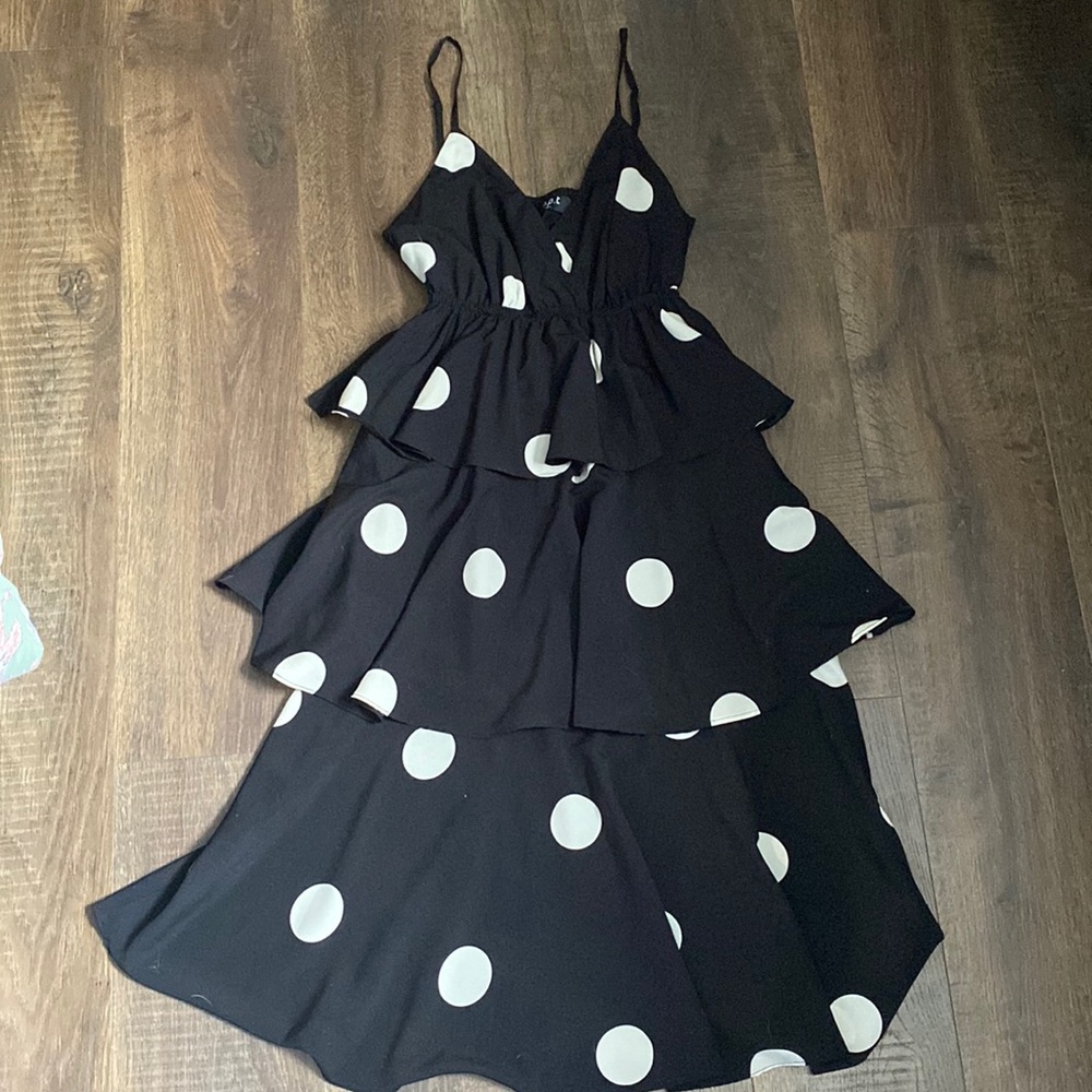 O.P.T. Black and White Polka Dot Tiered Midi Dress